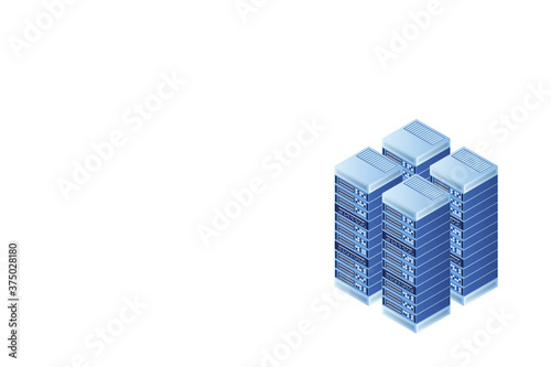 Server room isometric, Cloud storage data, Data center, Big data processing and computing technology. Vector illustration