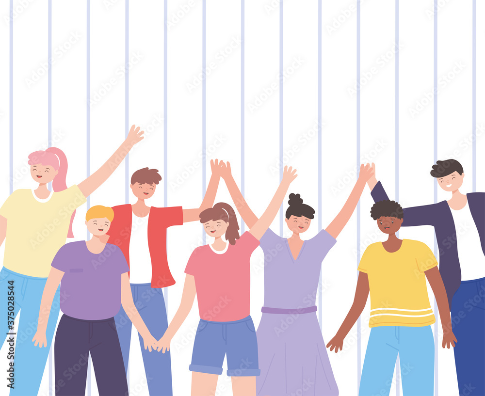 Fototapeta premium people together, persons standing together and hands up, male and female cartoon characters