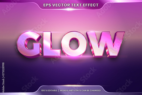 Text effect in 3d Glow words, font styles theme editable realistic metal gradient rose gold and purple pink color combination with flare light concept