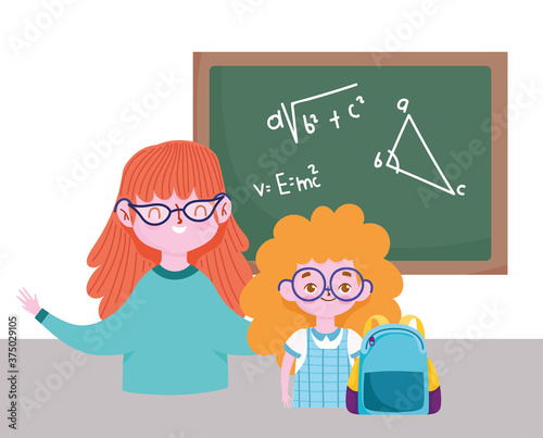 happy teachers day, teacher and student girl bag and blackboard