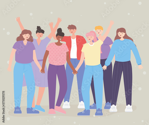 people together, diversity persons friendship group, male and female cartoon characters