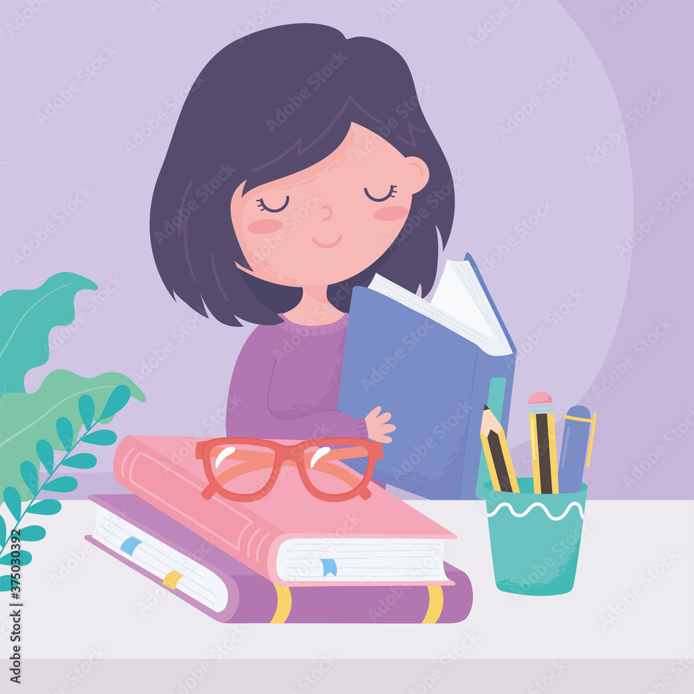 international literacy day, girl reading book with glasses pencils in cup international literacy day, girl reading book with glasses pencils in cup