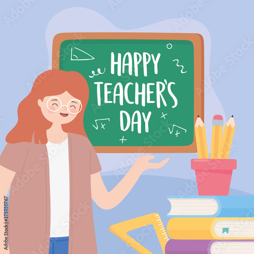 happy teachers day, teacher blackboard pencils in cup books and ruler