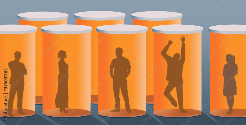 Photography Silhouetted people are seen trapped inside prescription pill bottles in an illustration about addiction to pain killers
