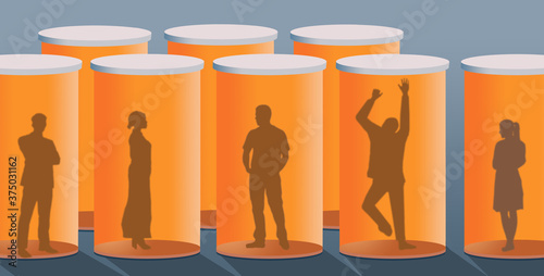 Fotografi Silhouetted people are seen trapped inside prescription pill bottles in an illustration about addiction to pain killers