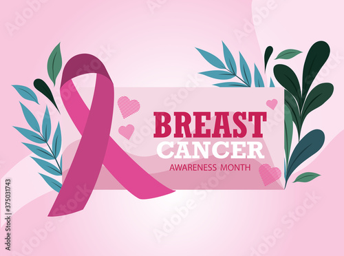 breast cancer awareness month ribbon pink hearts love leaves label vector