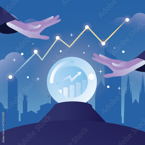 Businessman male hands predict the future with a crystal ball.
Winner illustration. Company success over competition concept