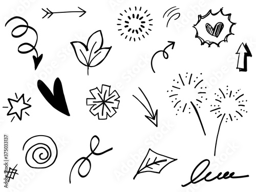 Abstract arrows, ribbons, hearts, stars, crowns and other elements in a hand drawn style for concept designs. Scribble illustration. Vector illustration.