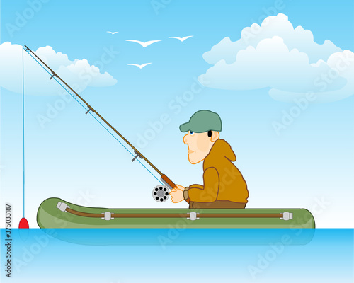 Fisherman on river in rubber boat goes fishing