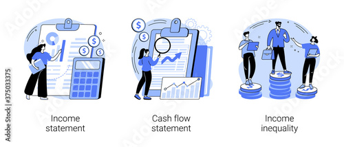 Balance sheet abstract concept vector illustration set. Income and cash flow statement, income inequality, financial plan and report, company debt, accountancy service, document abstract metaphor.