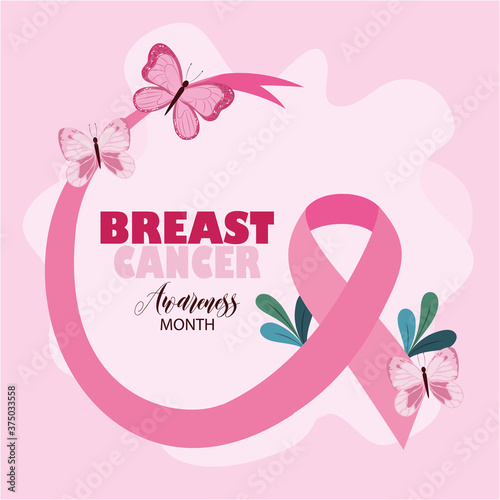 breast cancer awareness month beautiful butterfly flying ribbon pink vector