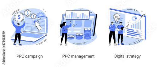 Digital marketing plan abstract concept vector illustration set. PPC campaign management, digital strategy, pay-per-click, internet marketing tools, online ad, targeted promotion abstract metaphor.