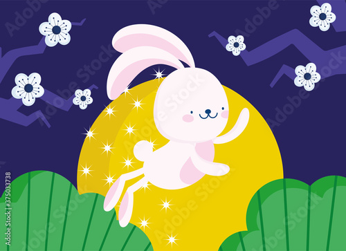 happy mid autumn festival, cute rabbit full moon flowers cartoon, blessings and happiness