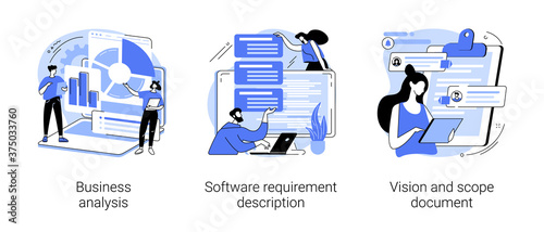 Project development specifications abstract concept vector illustration set. Business analysis, software requirement description, vision and scope document, SWOT analysis, user case abstract metaphor.