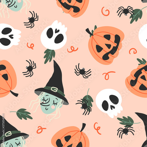 Vector magic witch seamless pattern. Halloween background in doodle kids style with witches, pumpkins and spiders. Autumn texture