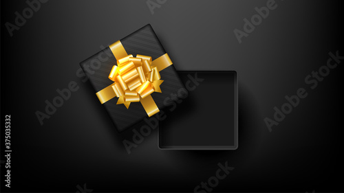 Black open square gift box decorated with bow-ribbon gold on black background.Top view. Luxury style. Vector illustration.