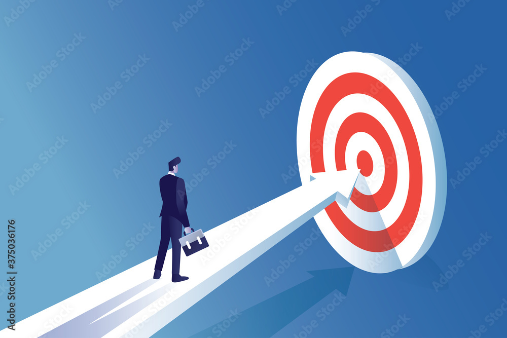 businessman walk in path of arrow to target board for gain success in business businessman walk in path of arrow to target board for gain success in business