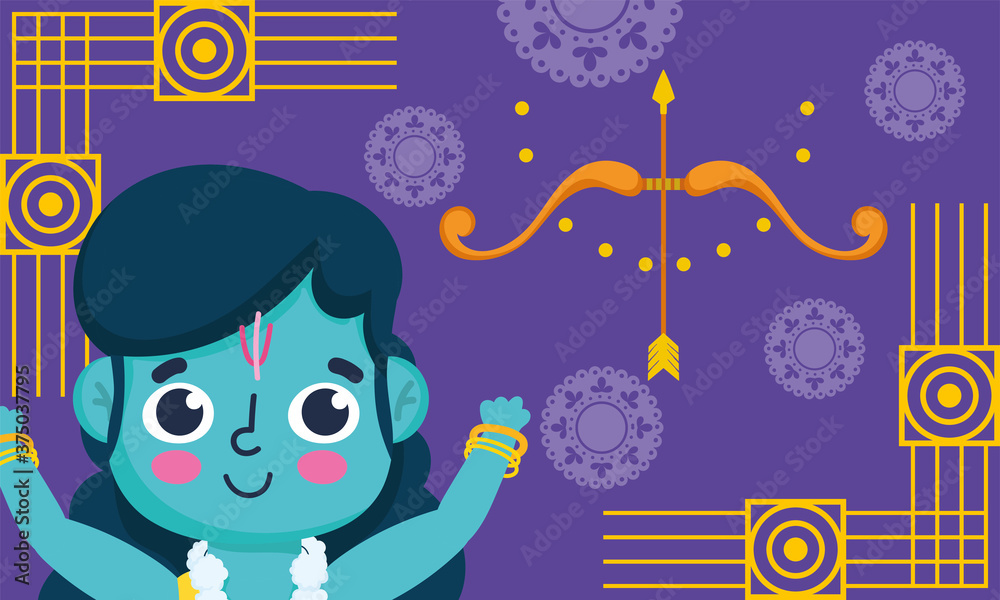 Fototapeta premium happy dussehra festival of india, lord rama cartoon bow arrow purple background traditional