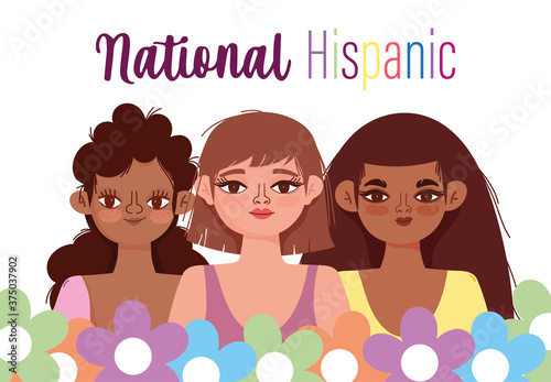 national hispanic heritage month, group women flowers portrait cartoon