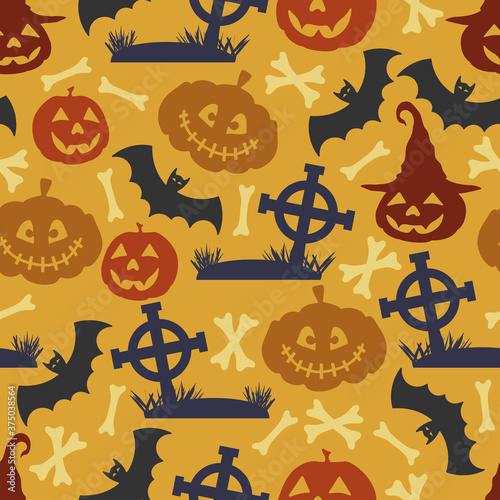 Halloween Pattern with pumpkins, bones, crosses and bats. Seamless Halloween Pattern. Halloween holiday seamless pattern background.