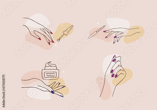 Female manicured hands. Lady painting, polishing nails. Nail polish and nail file. Vector Illustration of Elegant female hands in a trendy minimalist style. Beauty logo for nail studio or spa salon.