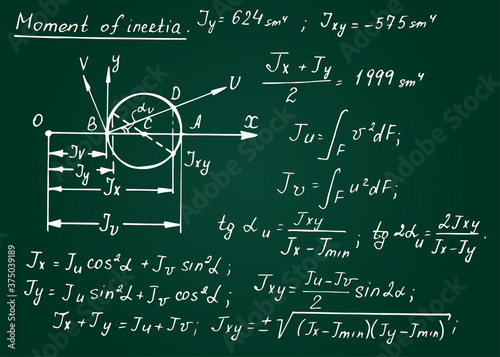 Physical equations and formula on school board. Vector hand-drawn illustration. Education and scientific background.