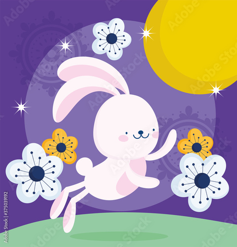 happy mid autumn festival, funny bunny flowers moon nature, blessings and happiness