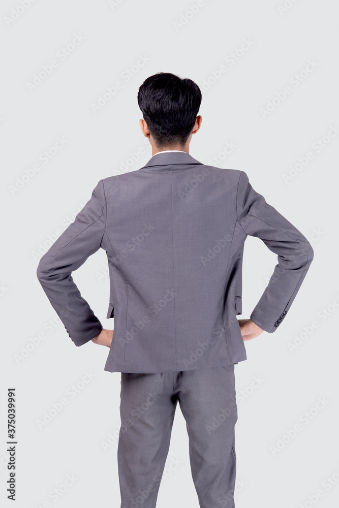 Rear view of young asian businessman in suit with confident isolated on white background, back of portrait business man is manager or executive or employee thinking with success. Rear view of young asian businessman in suit with confident isolated on white background, back of portrait business man is manager or executive or employee thinking with success.