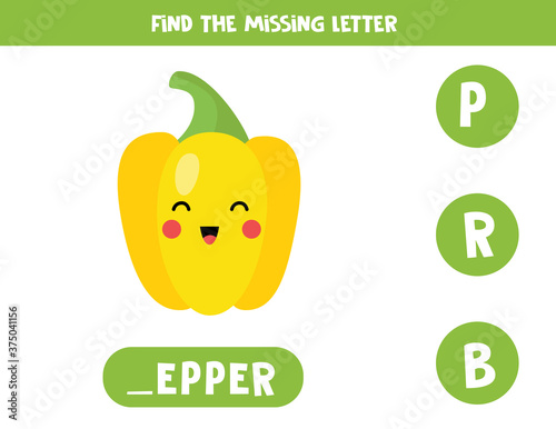 Find missing letter with cute cartoon pepper.