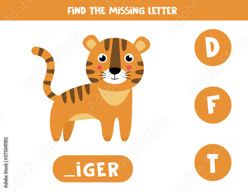Find missing letter and write it down. Cute cartoon tiger.