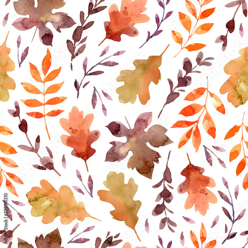 Seamless pattern with hand drawn watercolor fall leaves for fabric, poster, card, wallpaper, wrapping paper, and home decor