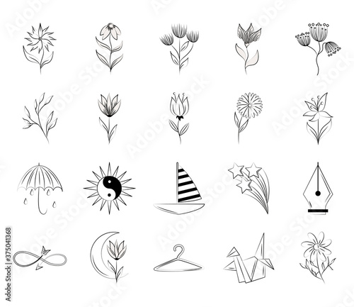 minimalist tattoo boho creativity design line art icons on white background
