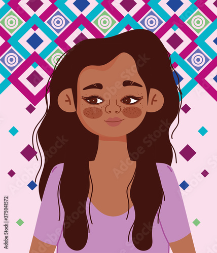 young woman hispanic character cartoon portrait, color geometric background design