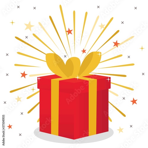 surprise red gift box, birthday celebration, special give away package, loyalty program reward, wonder gift with exclamation mark, vector icon, flat illustration