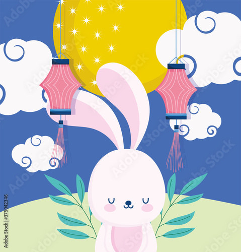 happy mid autumn festival, bunny lanterns moon clouds grass foliage, blessings and happiness