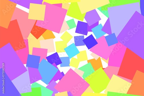 A background of many colored squares of different sizes intersecting with each other. Random colored squares create a bright horizontal background. Colorful vector illustration