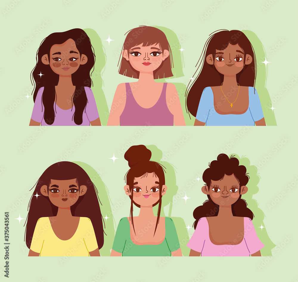 young women culture cartoon portrait green background young women culture cartoon portrait green background