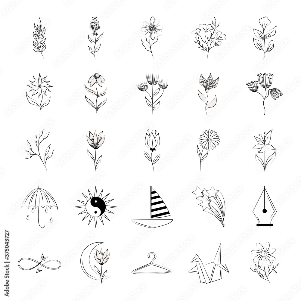 minimalist tattoo botanical flowers leaves stuff sketch line art icons  vector illustration Stock Vector Image & Art - Alamy