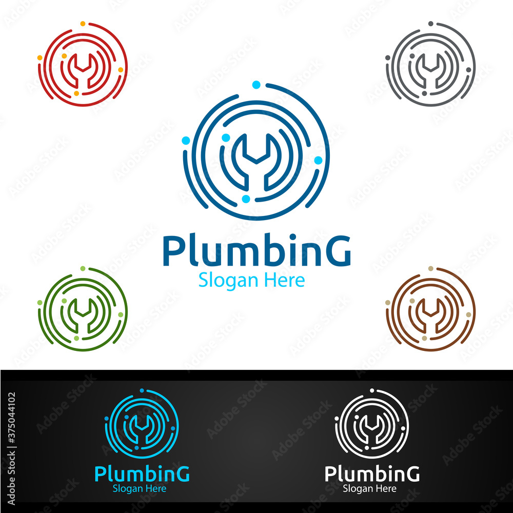 Wrench Plumbing Logo with Water and Fix Home Concept Wrench Plumbing Logo with Water and Fix Home Concept