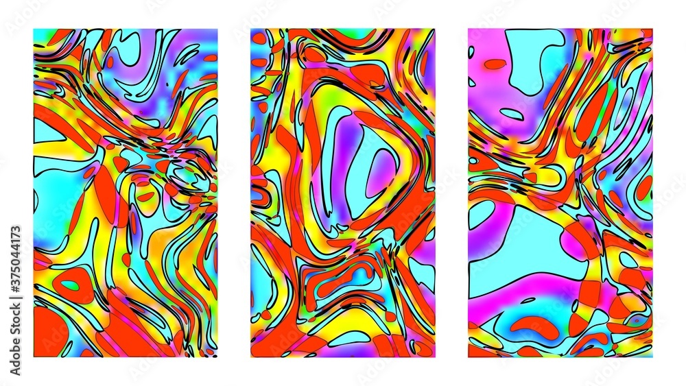 Obraz premium Exotic fish pattern. Vibrant psychedelic street graffiti background. Orange violet illusion, curvature. Abstract artistic vector fluid. Good vibes hippie template