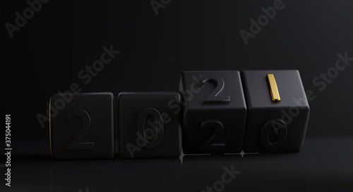 concept of new year change to 2021. dice dark design golden bold letter one. 3d-illustration