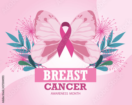 breast cancer awareness month ribbon pink butterfly floral leaves vector photo