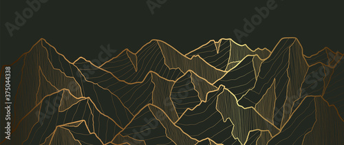Golden mountains art deco isolated on black background. Luxury wallpaper design with gold foil shiny sketch of mountain Landscape. Vector illustration