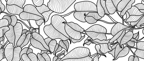 Luxury black and white art deco wallpaper. Nature background  with  with compositions of hand drawn tropical flowers, Plants, paradise bouquet. Vector illustration.