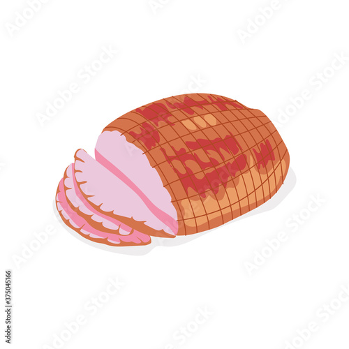 Smoked delicious sliced ham. Delicious gastronomic meet product. Butchery shop, farm market or processing plant design vector illustration isolated on white background photo