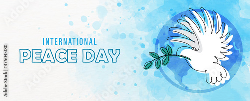 Hand draw and one line style in a peace dove shape with the name of event lettering on globe and blue watercolor background. Card and poster campaign in banner and vector design.