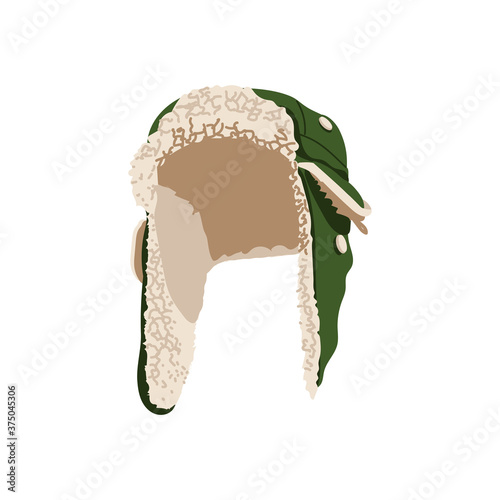 Green trapper cap hat. Ear flapped winter fur hat, warm headwear. Unisex accessory garment cartoon vector illustration isolated on white background