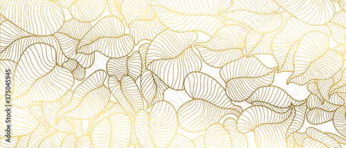 Luksusowa tapeta w stylu art deco złota. Natura tło wektor. Kwiatowy wzór ze złotym rozszczepionym liściem Philodendron z rośliną monstera grafiką na białym tle. Ilustracja wektorowa.