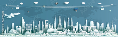 Travel landmarks architecture world with turquoise background.