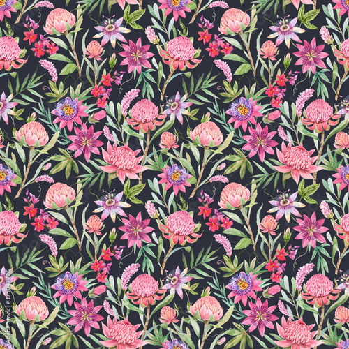 Beautiful seamless floral pattern with watercolor summer passionflower and waratah protea flowers. Stock illustration.